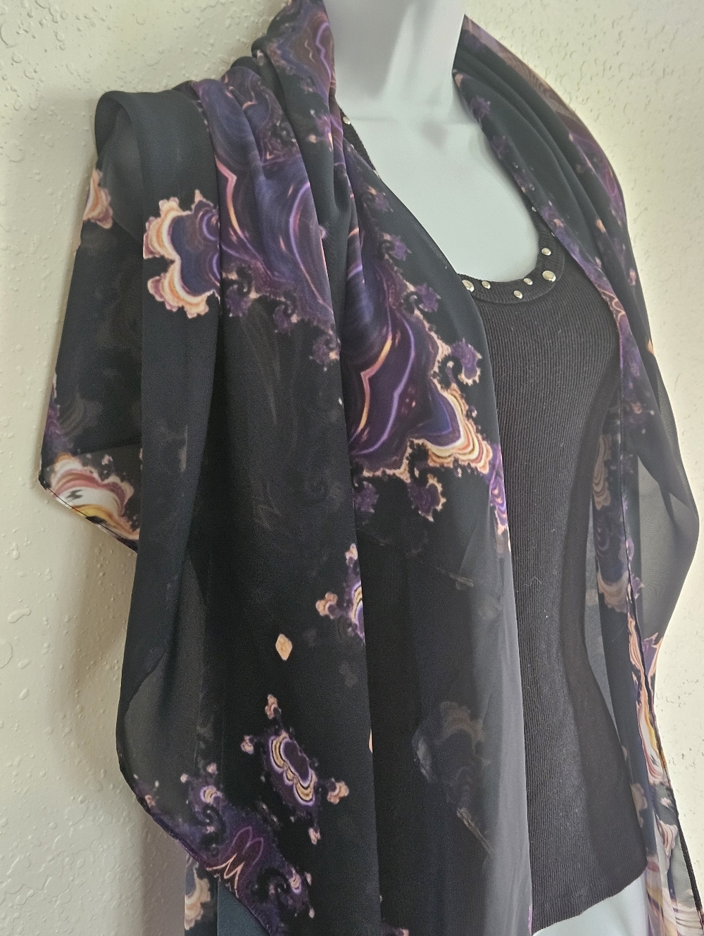 Scarf Large Chiffon Abstract Fractals Black Purple 55"×55"